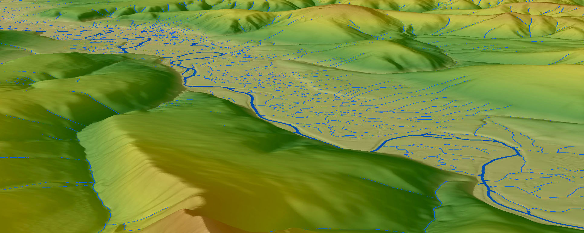 After-Traditional hydrography depicts the main surface water flow in a valley. Woolpert's EDH process identifies highly impactful yet less visible surface water flows in the same valley.