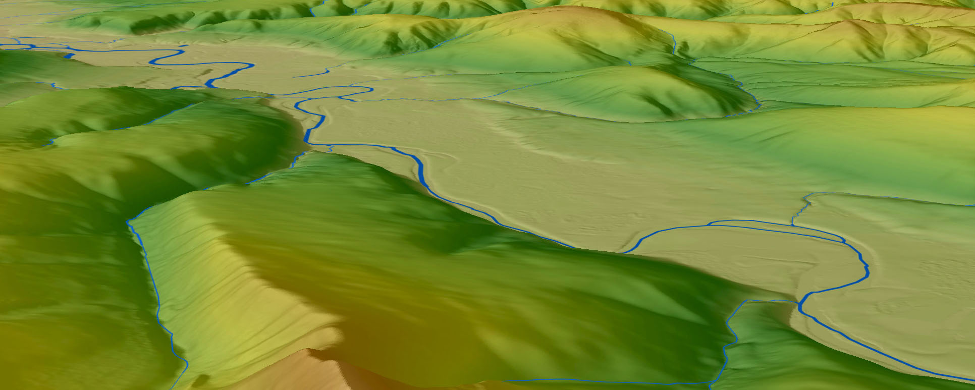 Before-Traditional hydrography depicts the main surface water flow in a valley. Woolpert's EDH process identifies highly impactful yet less visible surface water flows in the same valley.