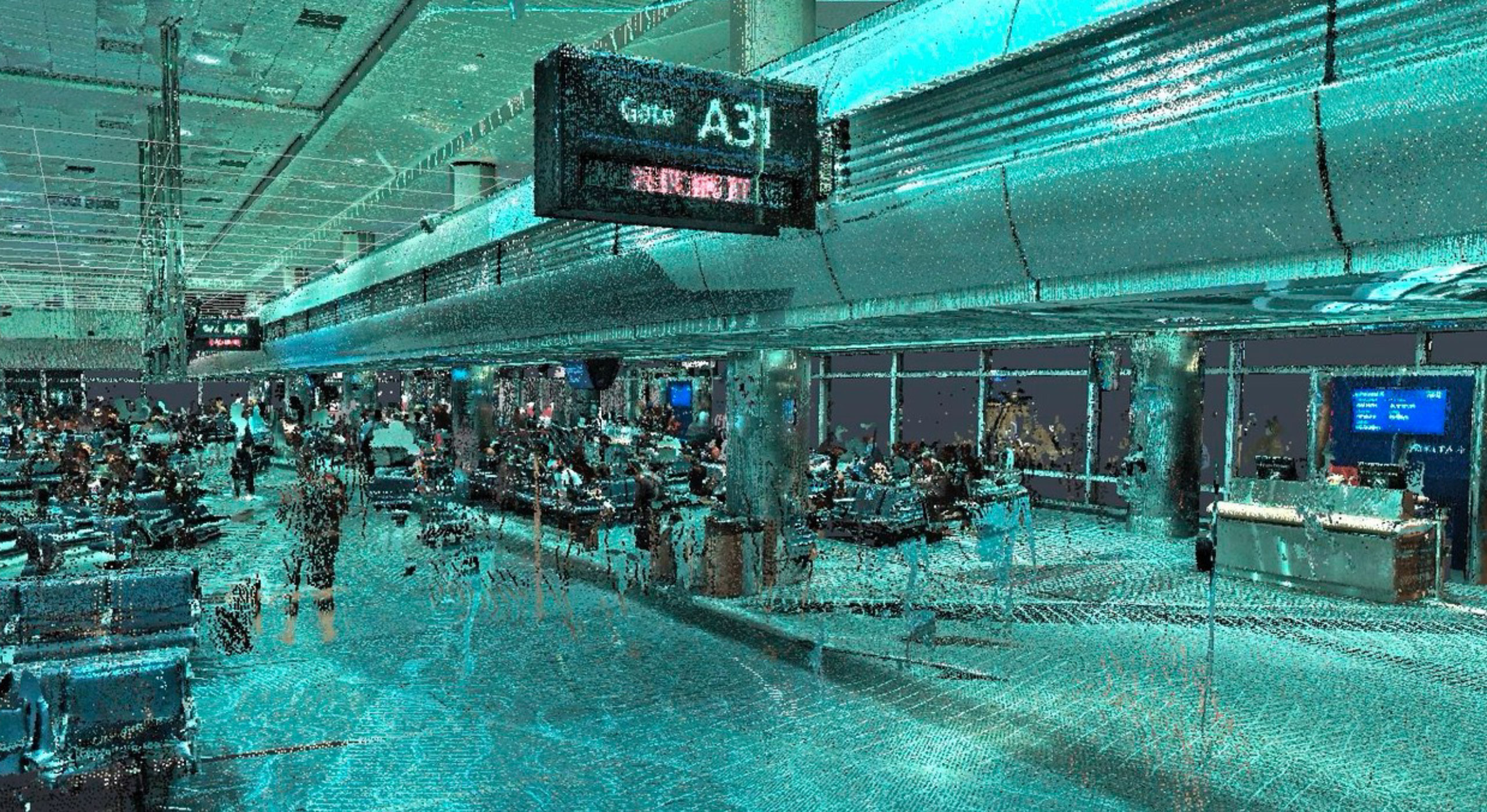 Digital representation of an airport terminal created through advanced data visualization services for improved design and planning.