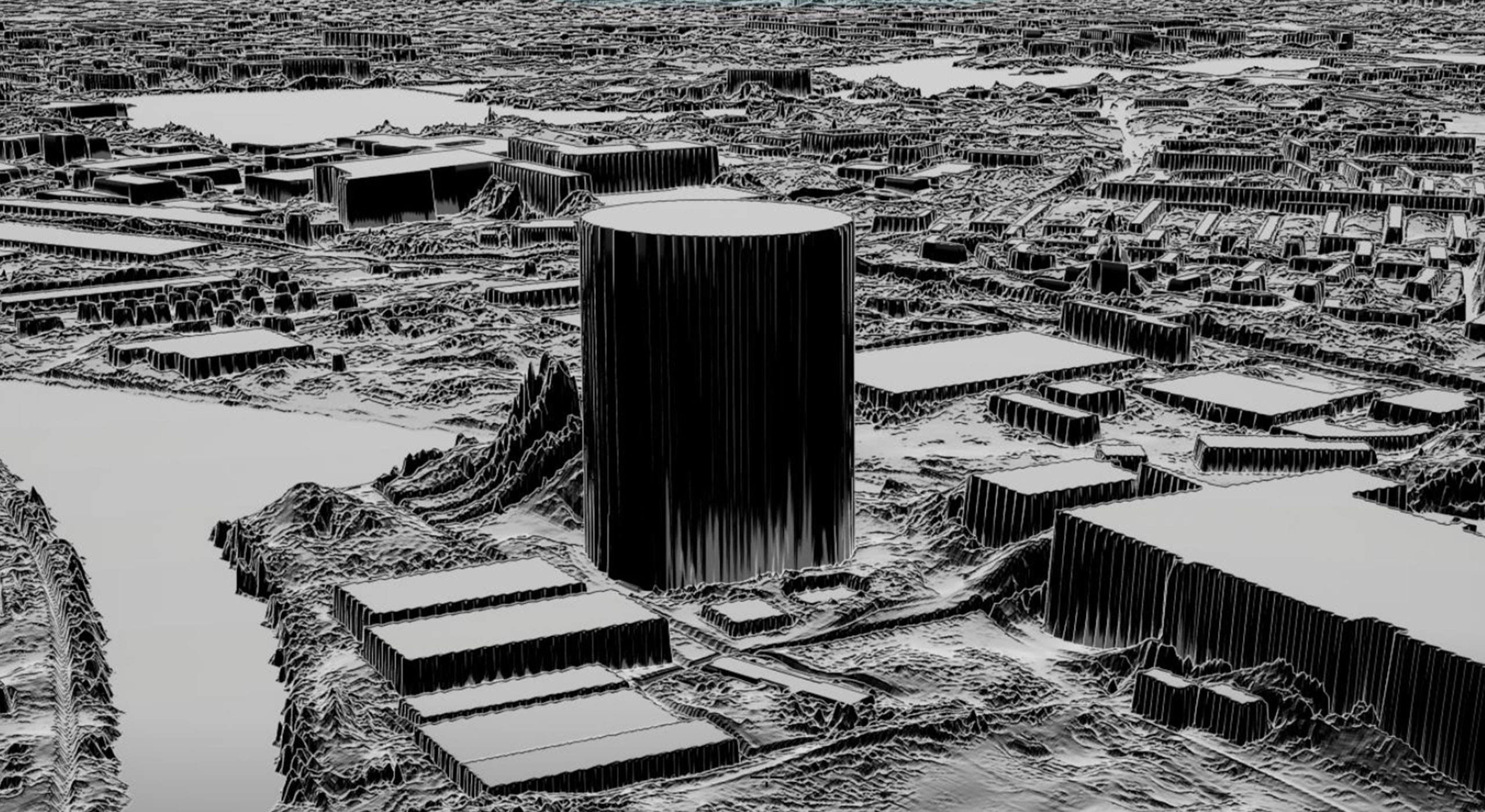 Black and white geospatial engineering survey map of a city showing detailed streets, buildings, and topographic data.