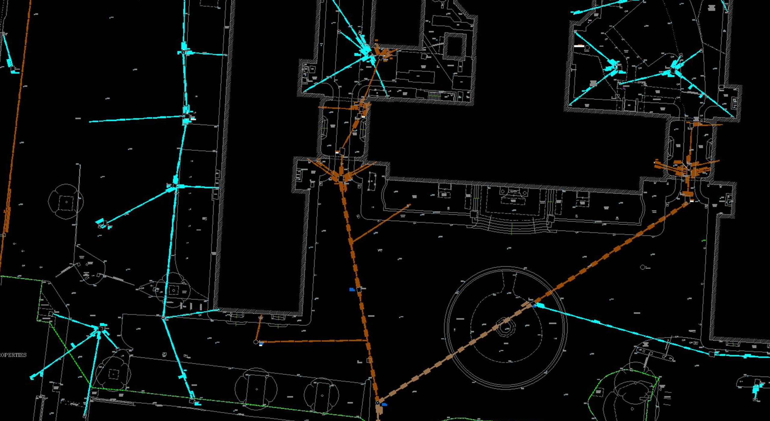 Black facility layout diagram showcasing precision monitoring systems for infrastructure and asset performance.