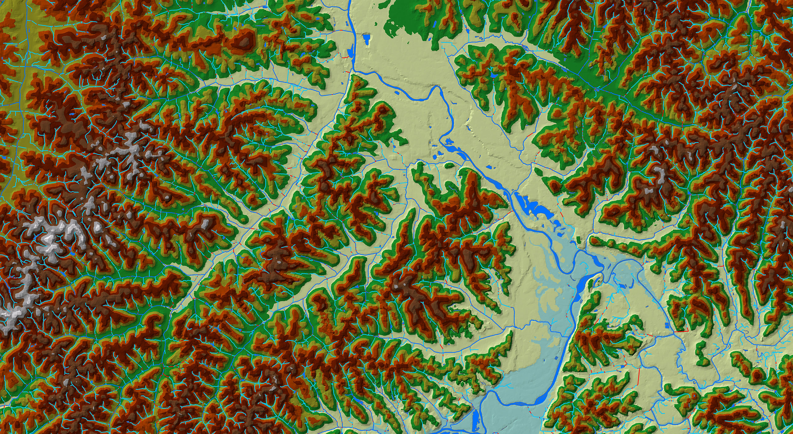 Digital aerial map of a landscape with color-coded elevation data, created using photogrammetry and remote sensing services for precise terrain analysis.