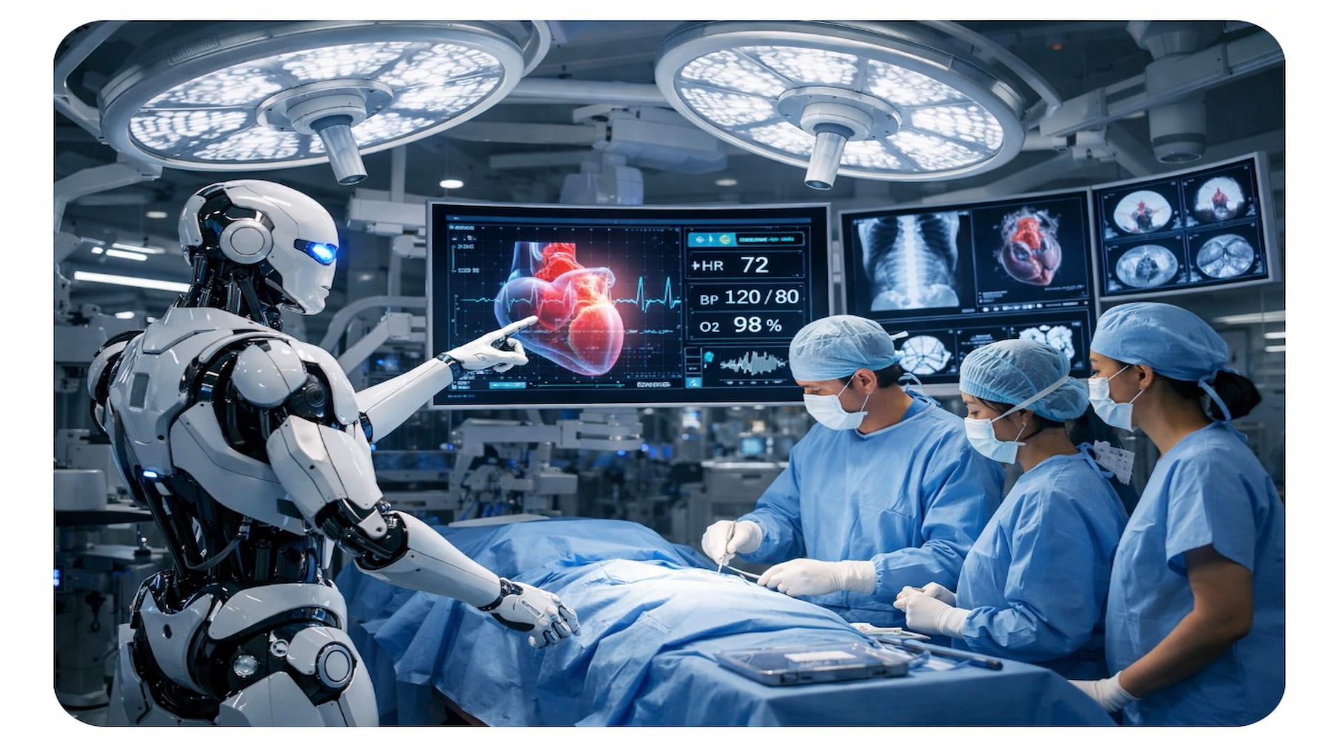Robots assisting medical professionals in a clinical setting, illustrating how advanced technology is influencing modern healthcare design.