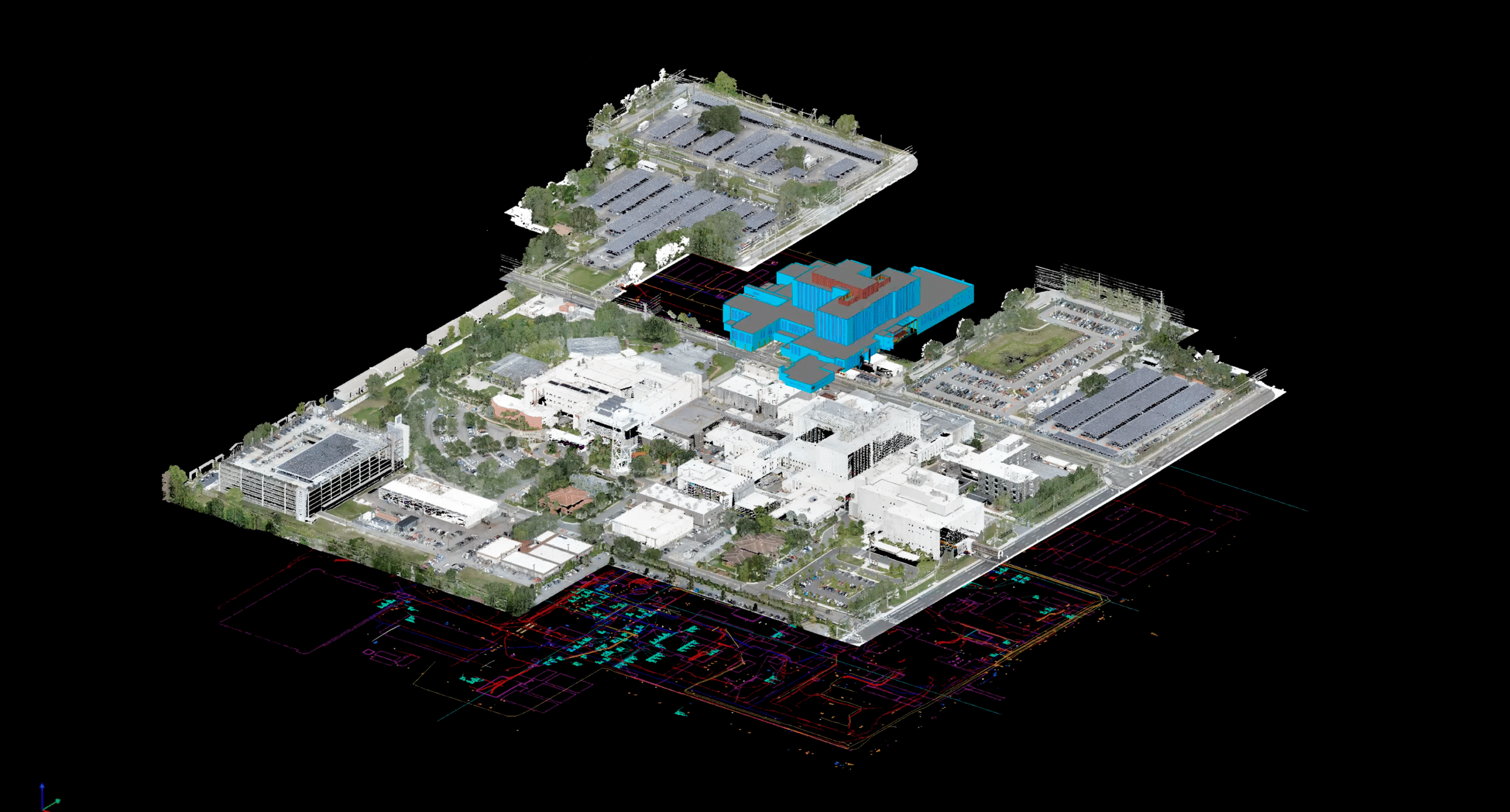 Exploded mesh model illustrating advanced manufacturing facility schedule acceleration through integrated building systems, process equipment, infrastructure, and coordinated design workflows.