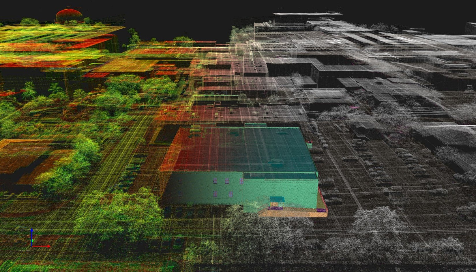 Scan-based progress monitoring visualization showing point cloud data and 3D site conditions used to verify construction progress against project requirements.
